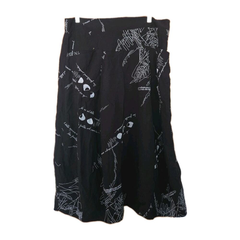 Comfy USA B & W Scribble Print Elastic Waist Midi Skirt Womens XL Pockets